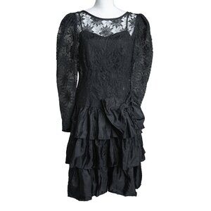 Vintage 80s Dress black Lace Big Bow Goth Tier Skirt Ruffle Puff Sleeve Gaudy